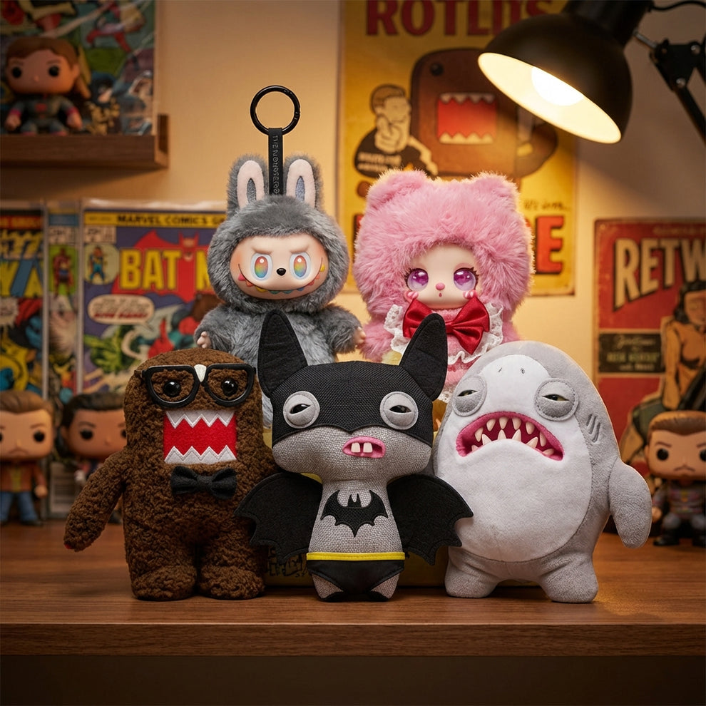 Collection of plush toys on a shelf with comic book-themed background