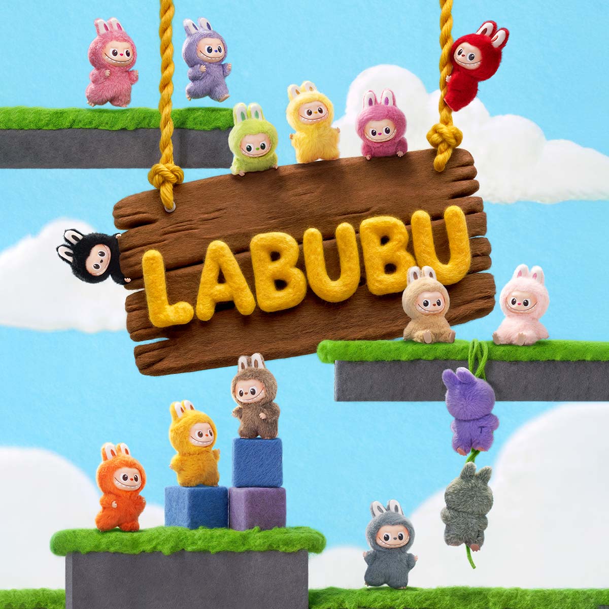 Colorful toy figures of various animals on a wooden platform with 'LABUBU' branding against a blue sky.