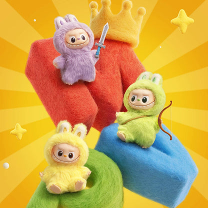 Four colorful plush toys with animal costumes on a yellow background