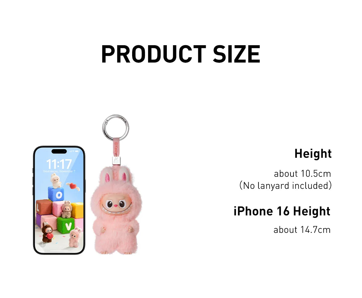 Pink plush keychain with a phone for size comparison on a white background