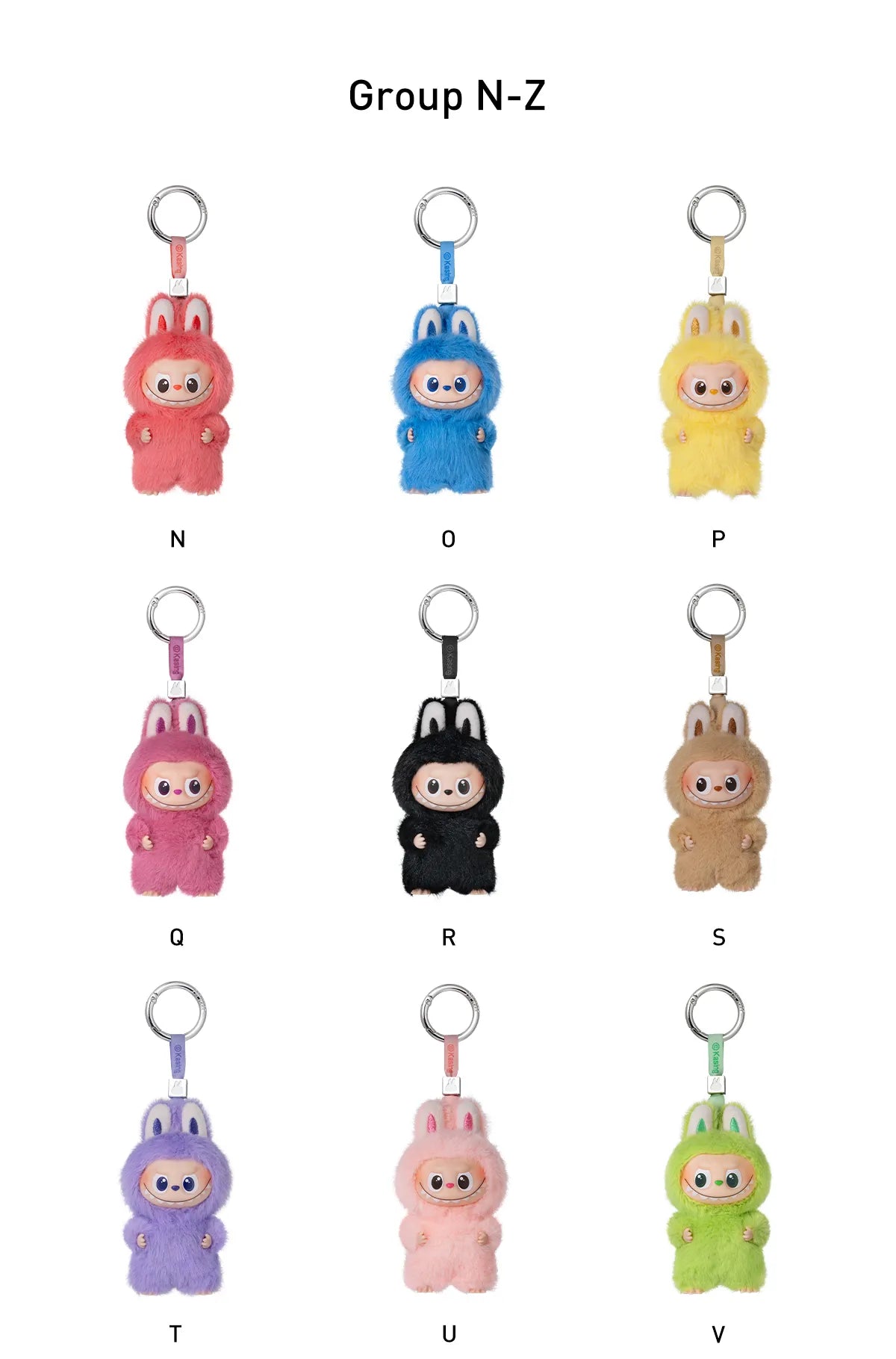 Set of colorful keychains with cartoon characters labeled from N to V on a white background.