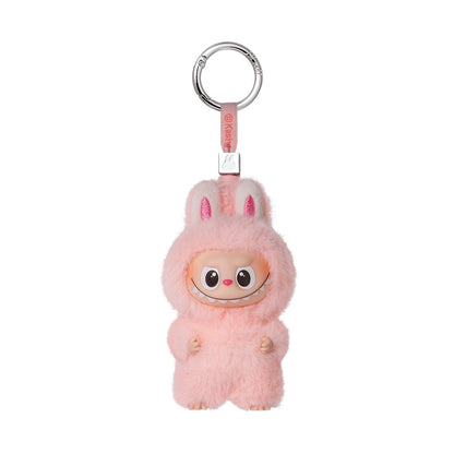 A product photo of a pink Labubu "Pin For Love" plush pendant from the POP MART "The Monsters" series, showing its vinyl face and keyring.