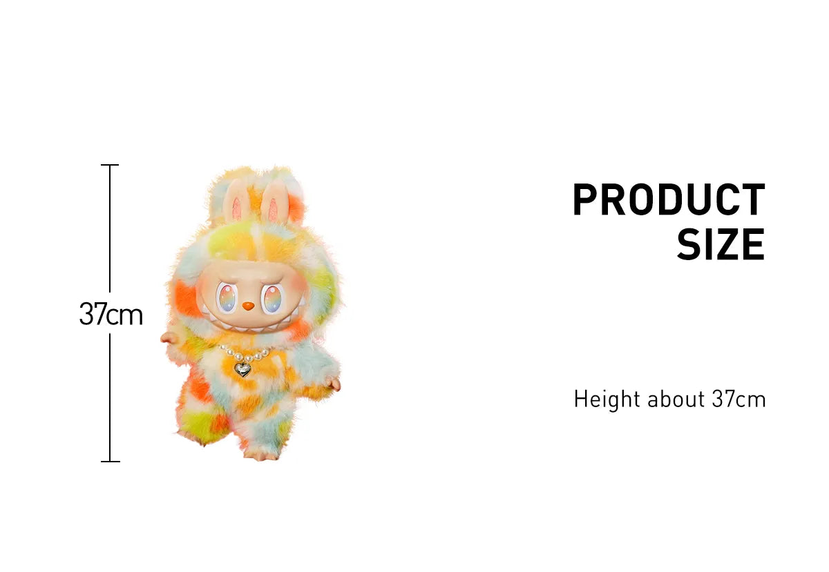 Plush toy with dimensions labeled on a white background