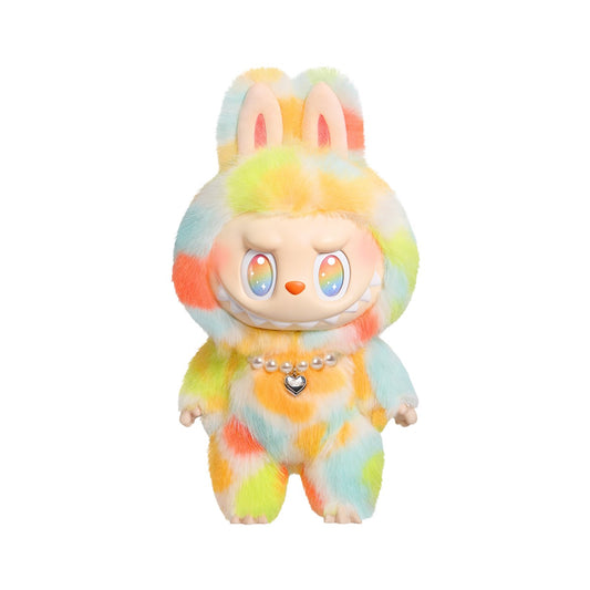 A product photo of the POP MART "Rock the Universe" Labubu, a large 14.57-inch vinyl plush doll with rainbow tie-dye fur and a pearl heart necklace.