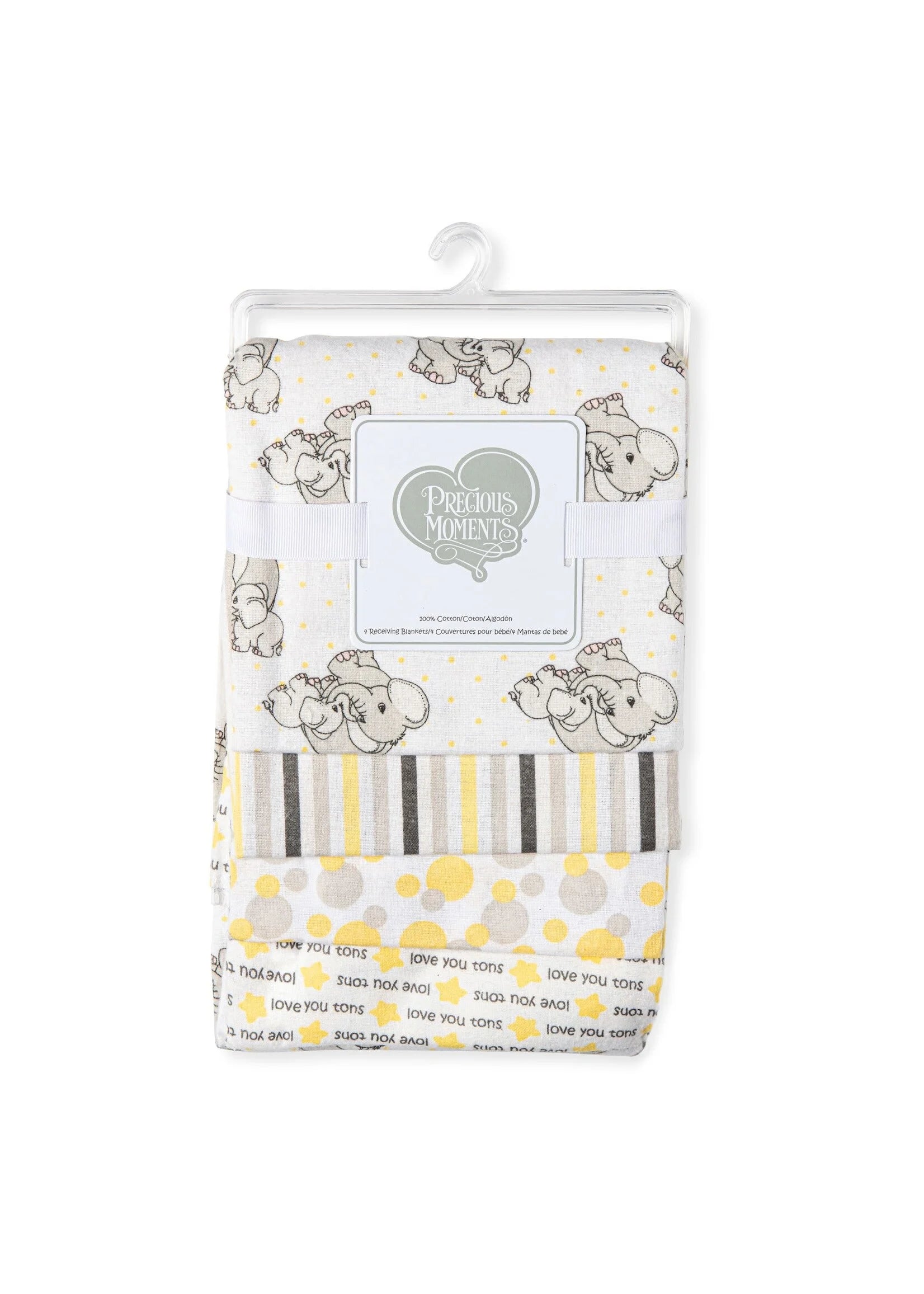 4-pack of Precious Moments Love You Tons flannel receiving blankets featuring yellow elephant, stripe, and dot patterns.