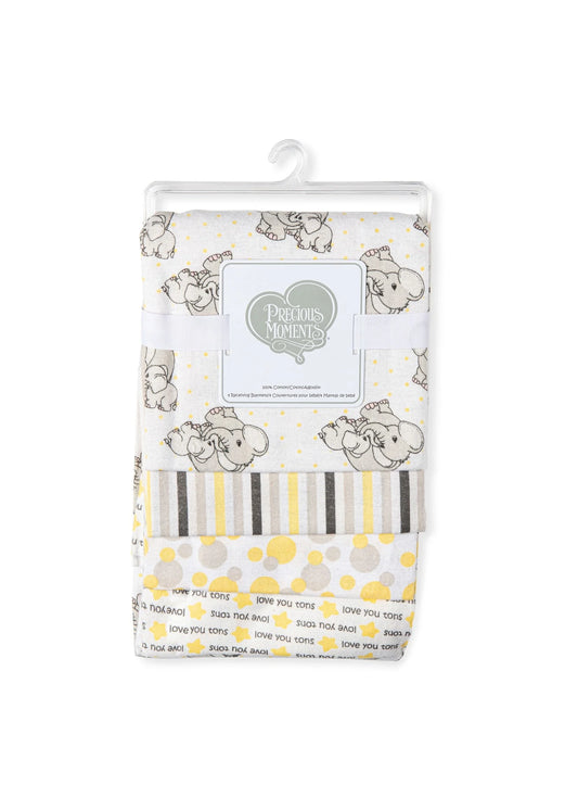4-pack of Precious Moments Love You Tons flannel receiving blankets featuring yellow elephant, stripe, and dot patterns.