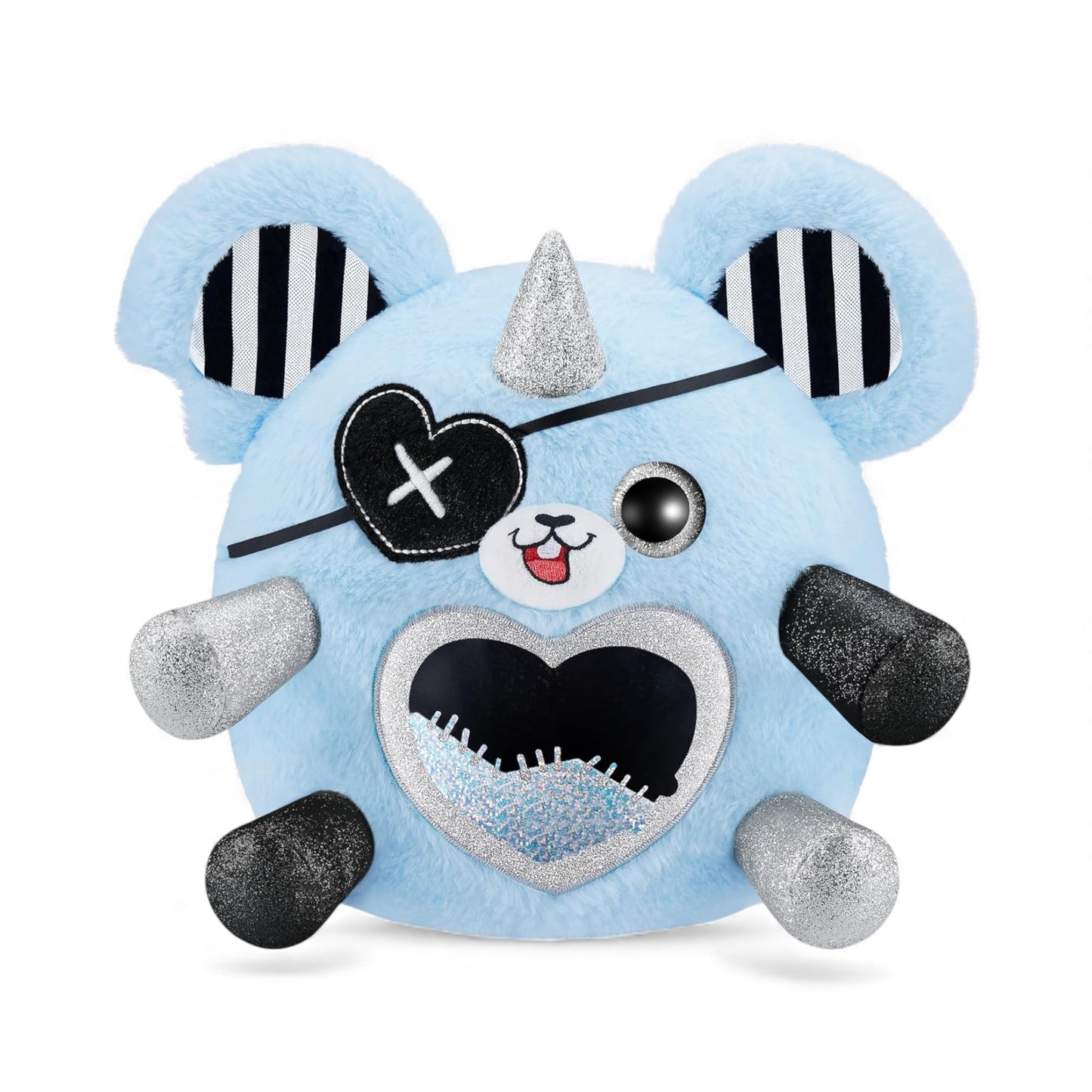 Product view of Rainbocorns Monstercorn Series 1, featuring a teal egg and a blue plush rat with a pirate eyepatch and glow-in-the-dark heart.