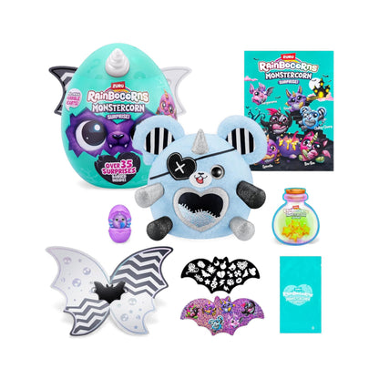 Product view of Rainbocorns Monstercorn Series 1, featuring a teal egg and a blue plush rat with a pirate eyepatch and glow-in-the-dark heart.
