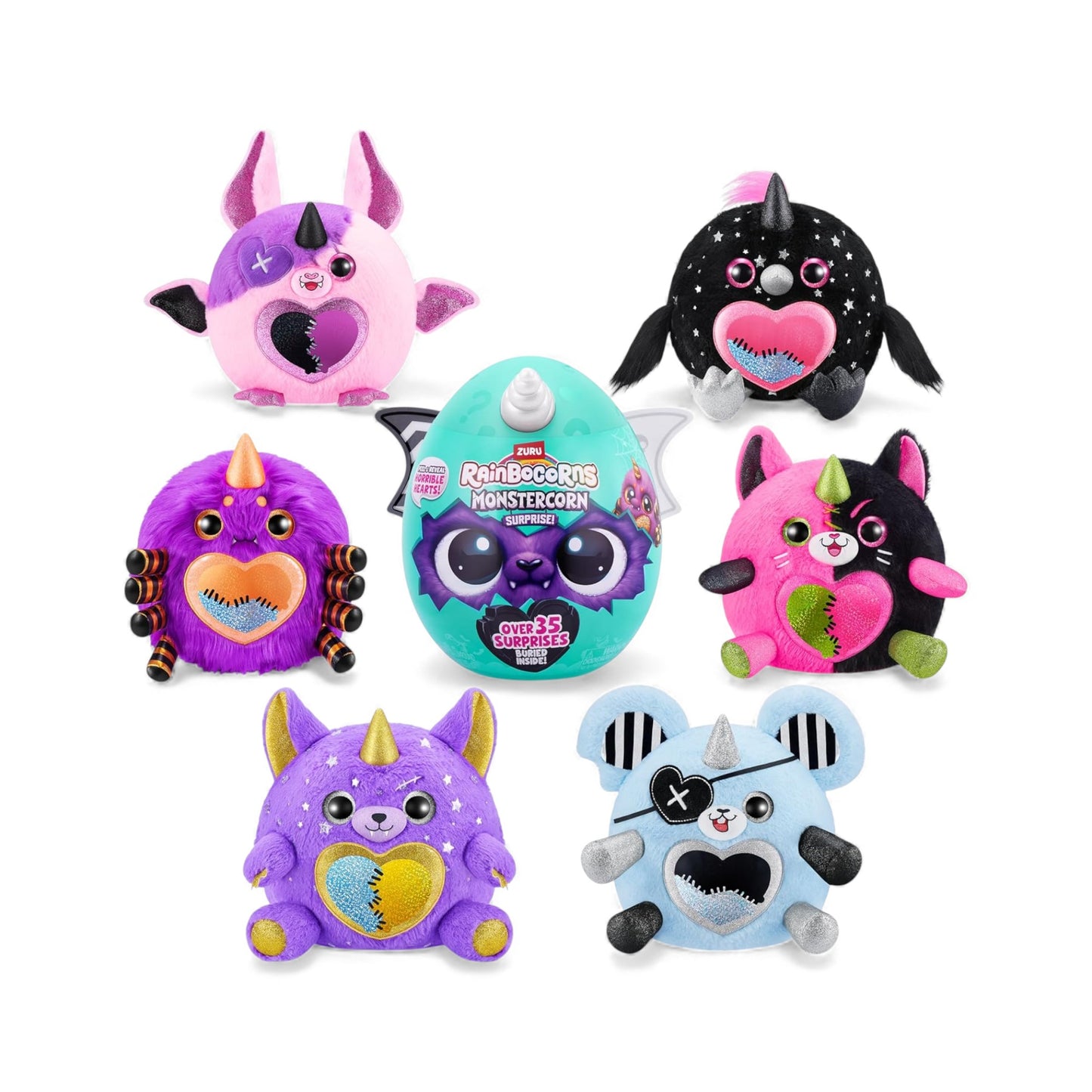 Set of  Rainbocorns Monstercorn Series 1, featuring a teal egg and 6 characters. 