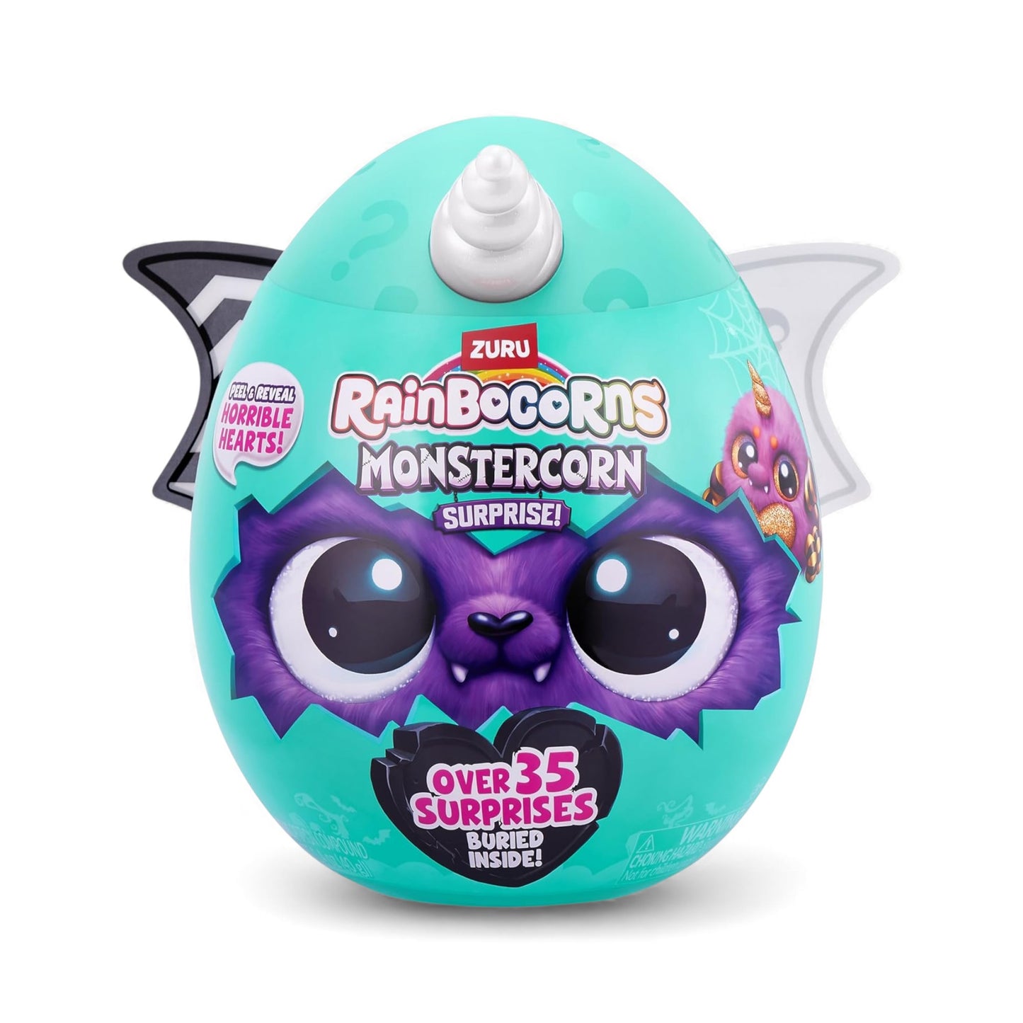 Rainbocorns Monstercorn Surprise toy egg with teal shell and purple face on a white background