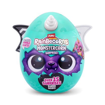 Rainbocorns Monstercorn Surprise toy egg with teal shell and purple face on a white background