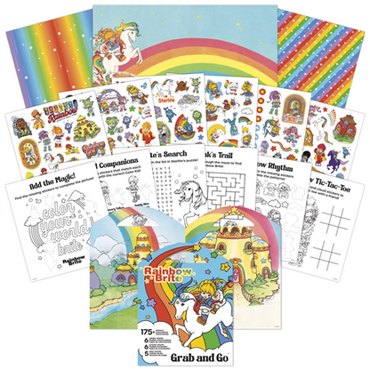 Rainbow Brite Grab and Go activity pad featuring sticker sheets, coloring pages, and play scenes with Starlite and the Color Kids