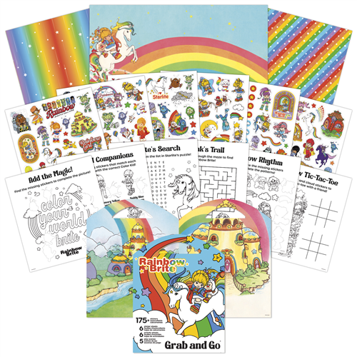 Rainbow Brite Grab and Go activity pad featuring sticker sheets, coloring pages, and play scenes with Starlite and the Color Kids