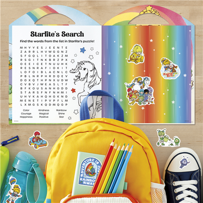 Rainbow Brite Grab and Go activity pad featuring sticker sheets, coloring pages, and play scenes with Starlite and the Color Kids