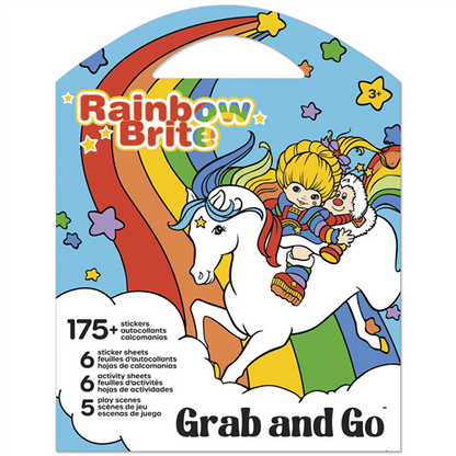 Rainbow Brite Grab and Go activity pad featuring sticker sheets, coloring pages, and play scenes with Starlite and the Color Kids
