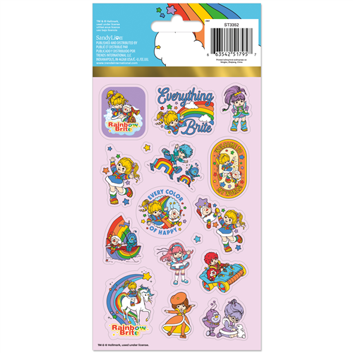 Sticker sheet with colorful characters and text on a pink background