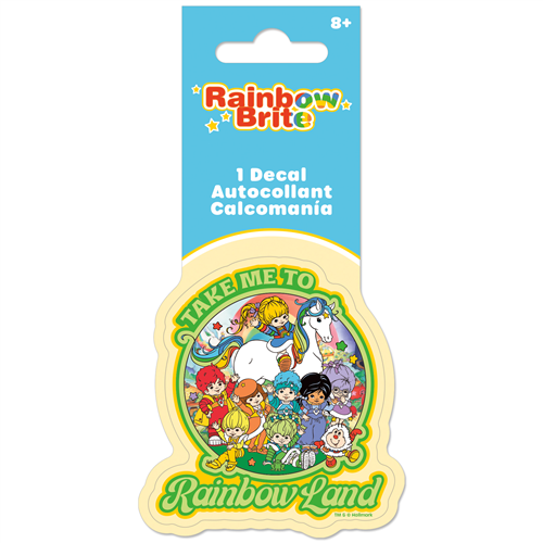 Officially licensed Rainbow Brite single decal featuring Starlite and the phrase Take Me To Rainbow Land.