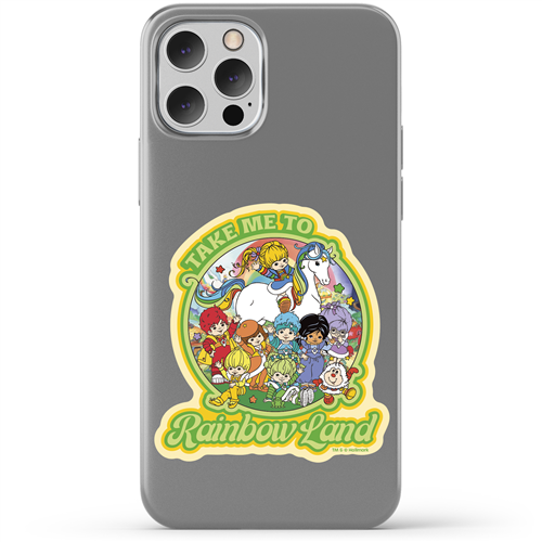 Phone case with 'Take Me to Rainbow Land' design featuring characters and a unicorn on a gray background.