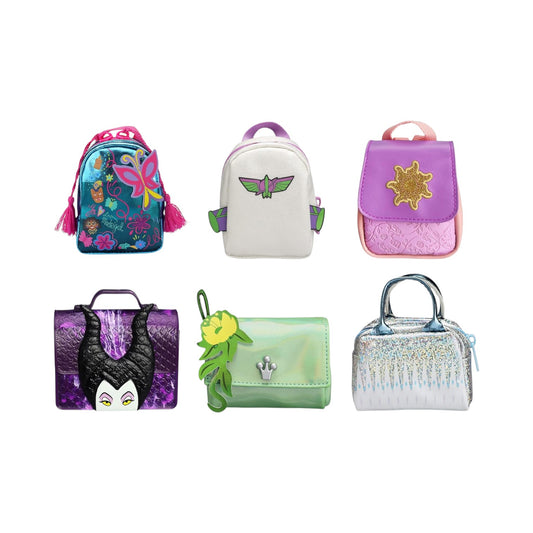 Collection of colorful children's backpacks and handbags on a white background