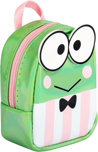 Green backpack with cartoon frog face design on a white background