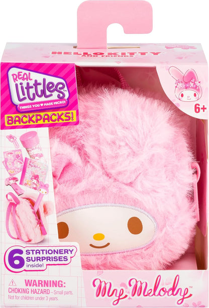 Pink backpack with My Melody design in packaging, featuring Real Littles branding.