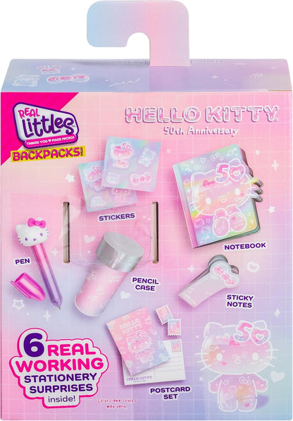 Hello Kitty stationery set packaging with various stationery items on a pink background