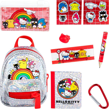 Collection of Hello Kitty and Friends themed stationery items including a backpack, pencil case, and accessories.