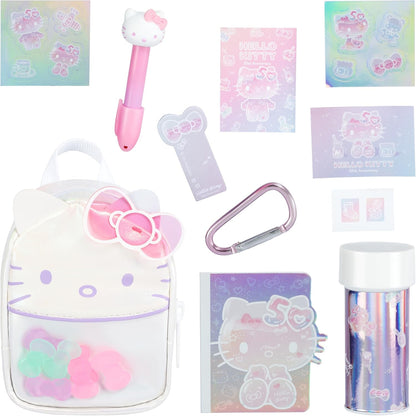 Hello Kitty stationery set with backpack, pen, carabiner, and more on a white background