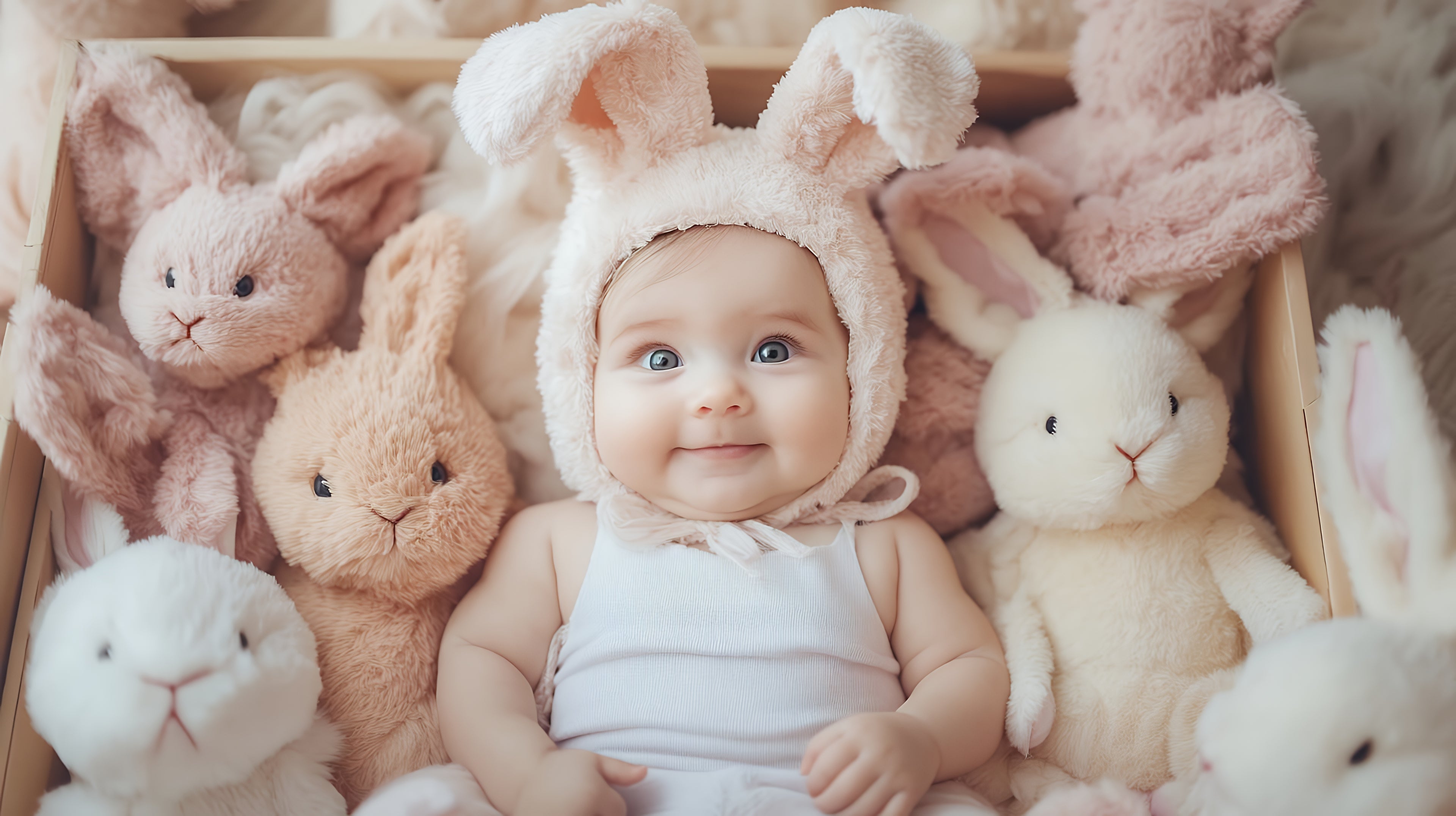 Baby in a bunny costume surrounded by plush toys in a box