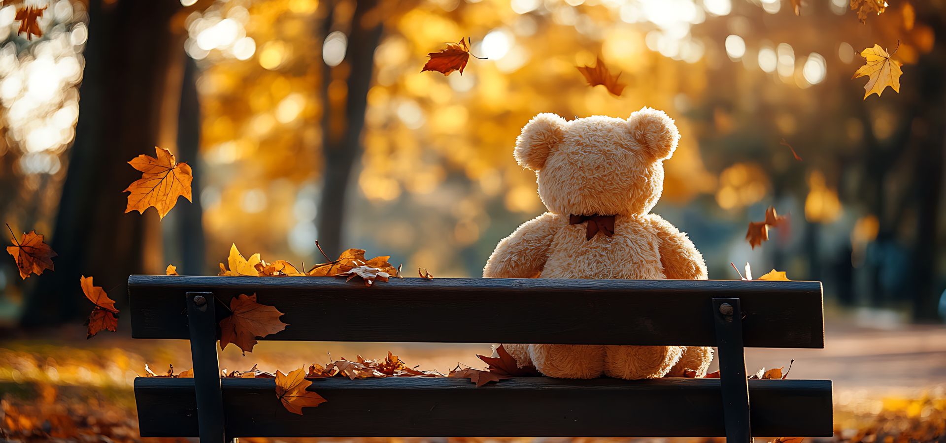 Teddy bear sitting on a bench with autumn leaves falling around it