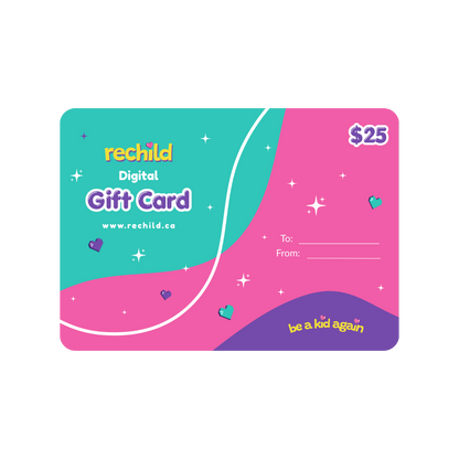 A $25 digital gift card from rechild, featuring a colorful design with teal and pink wavy sections, white sparkles, and purple accents, shown on a plain white background.
