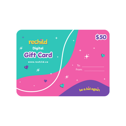A $50 digital gift card from rechild, featuring a colorful design with teal and pink wavy sections, white sparkles, and purple accents, shown on a plain white background.
