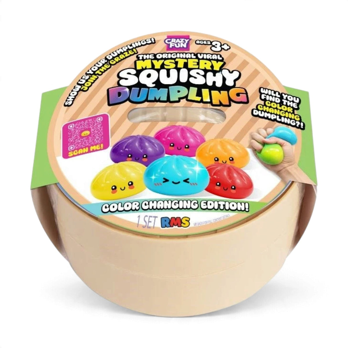 A beige steamer-styled mystery package for the RMS Crazy Fun Original Mystery Squishy Dumpling Color Changing Edition featuring color-shifting dumplings.