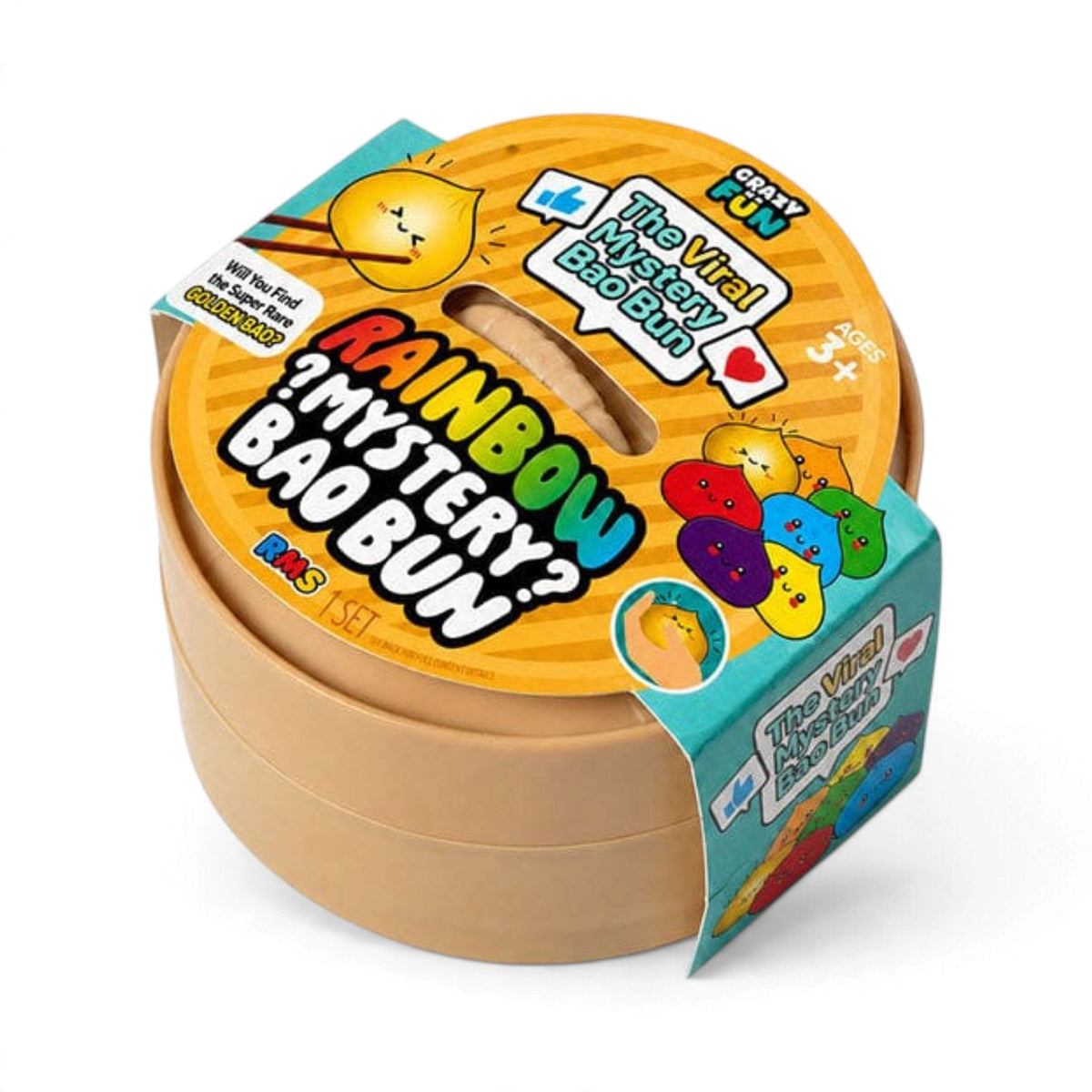 A beige steamer-styled mystery package for the RMS Crazy Fun Original Rainbow Mystery Bao Bun featuring colorful rainbow dumplings and a golden bao.