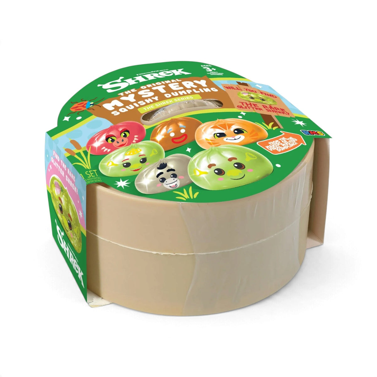A green bamboo-steamer styled mystery package for the RMS Crazy Fun Original Shrek Mystery Squishy Dumplings featuring illustrations of various Shrek characters as squishy dumplings.