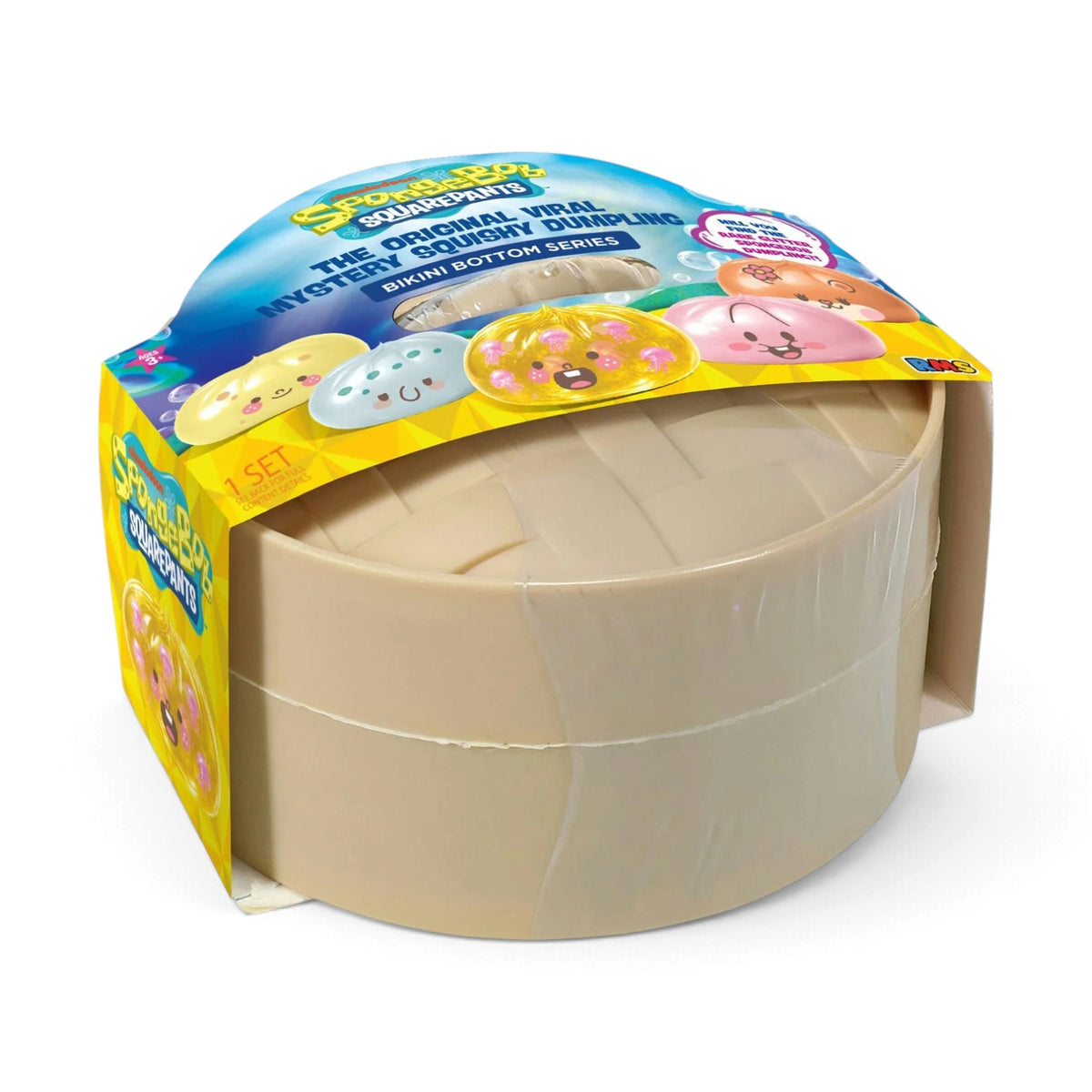 A yellow bamboo-steamer styled mystery package for the RMS Crazy Fun Original SpongeBob SquarePants Mystery Squishy Dumplings featuring colorful Bikini Bottom character dumplings.