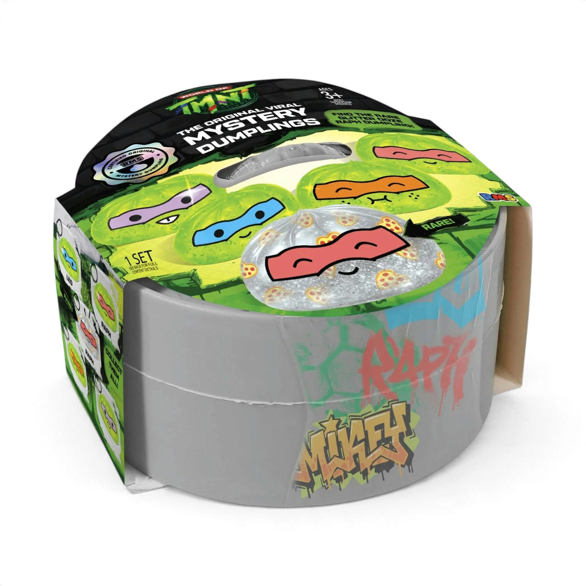 A grey steamer-styled mystery package for the RMS Crazy Fun Original TMNT Mystery Squishy Dumplings featuring green Ninja Turtle dumplings with colorful eye masks.