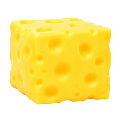 A jumbo authentic RMS Crazy Fun SmushMart Giant Cheese Block squishy fidget toy packaged in a vibrant yellow display box.