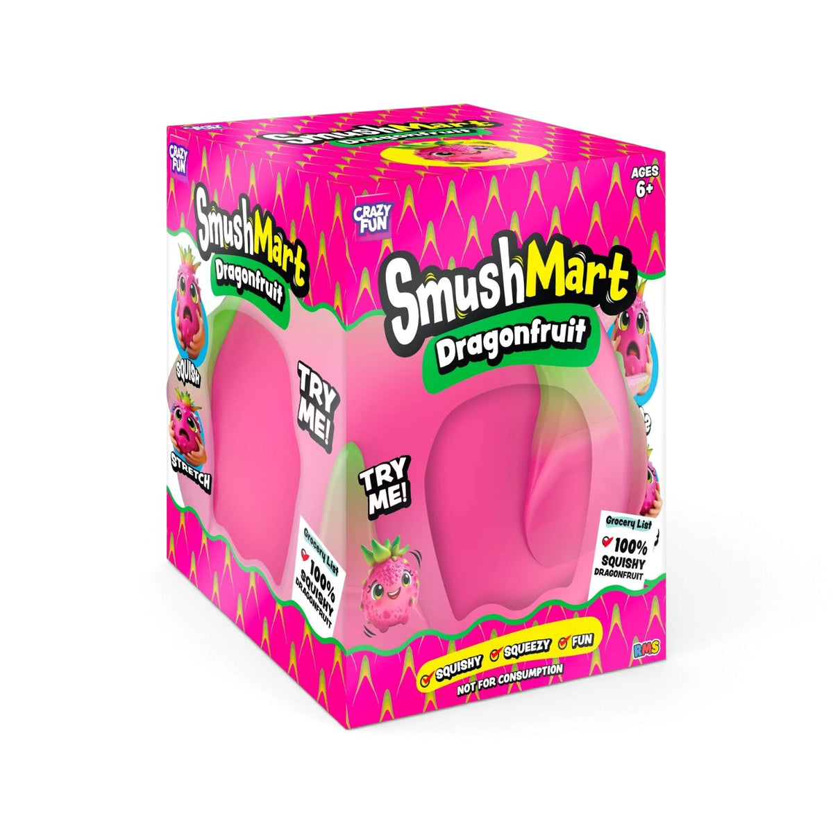 A jumbo authentic RMS Crazy Fun SmushMart Giant Dragon Fruit squishy fidget toy packaged in a vibrant pink and green display box.