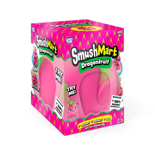 A jumbo authentic RMS Crazy Fun SmushMart Giant Dragon Fruit squishy fidget toy packaged in a vibrant pink and green display box.