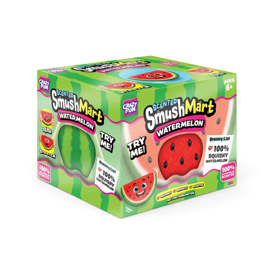 A jumbo authentic RMS Crazy Fun SmushMart Giant Watermelon squishy fidget toy packaged in a vibrant green and pink display box.