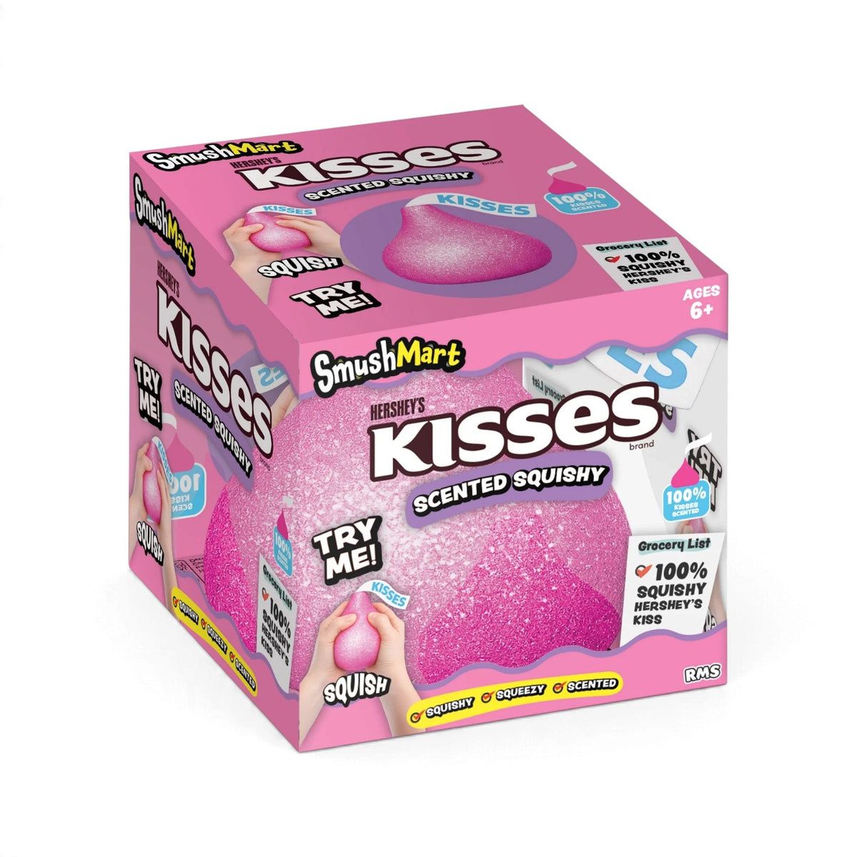 An authentic RMS Crazy Fun SmushMart Hershey's Kisses squishy fidget toy in bright pink, packaged in a branded display box.