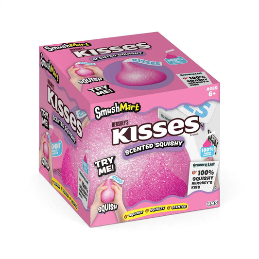 An authentic RMS Crazy Fun SmushMart Hershey's Kisses squishy fidget toy in bright pink, packaged in a branded display box.