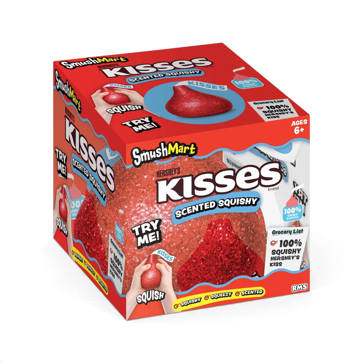 An authentic RMS Crazy Fun SmushMart Hershey's Kisses squishy fidget toy in red, packaged in a branded display box.