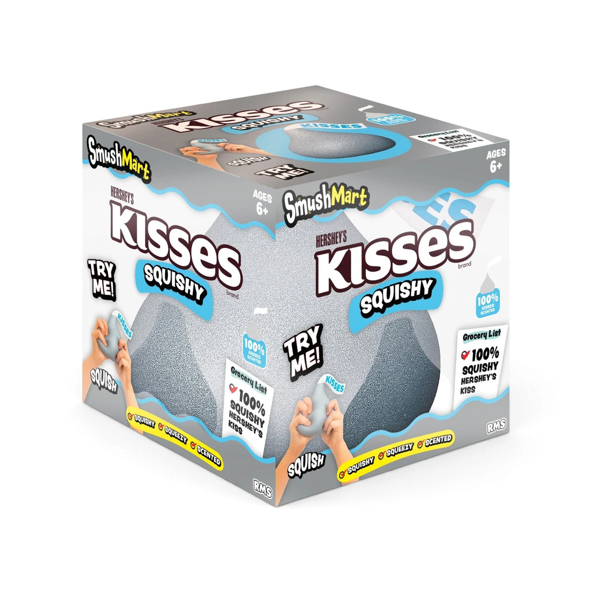 An authentic RMS Crazy Fun SmushMart Hershey's Kisses squishy fidget toy in silver, packaged in a branded display box