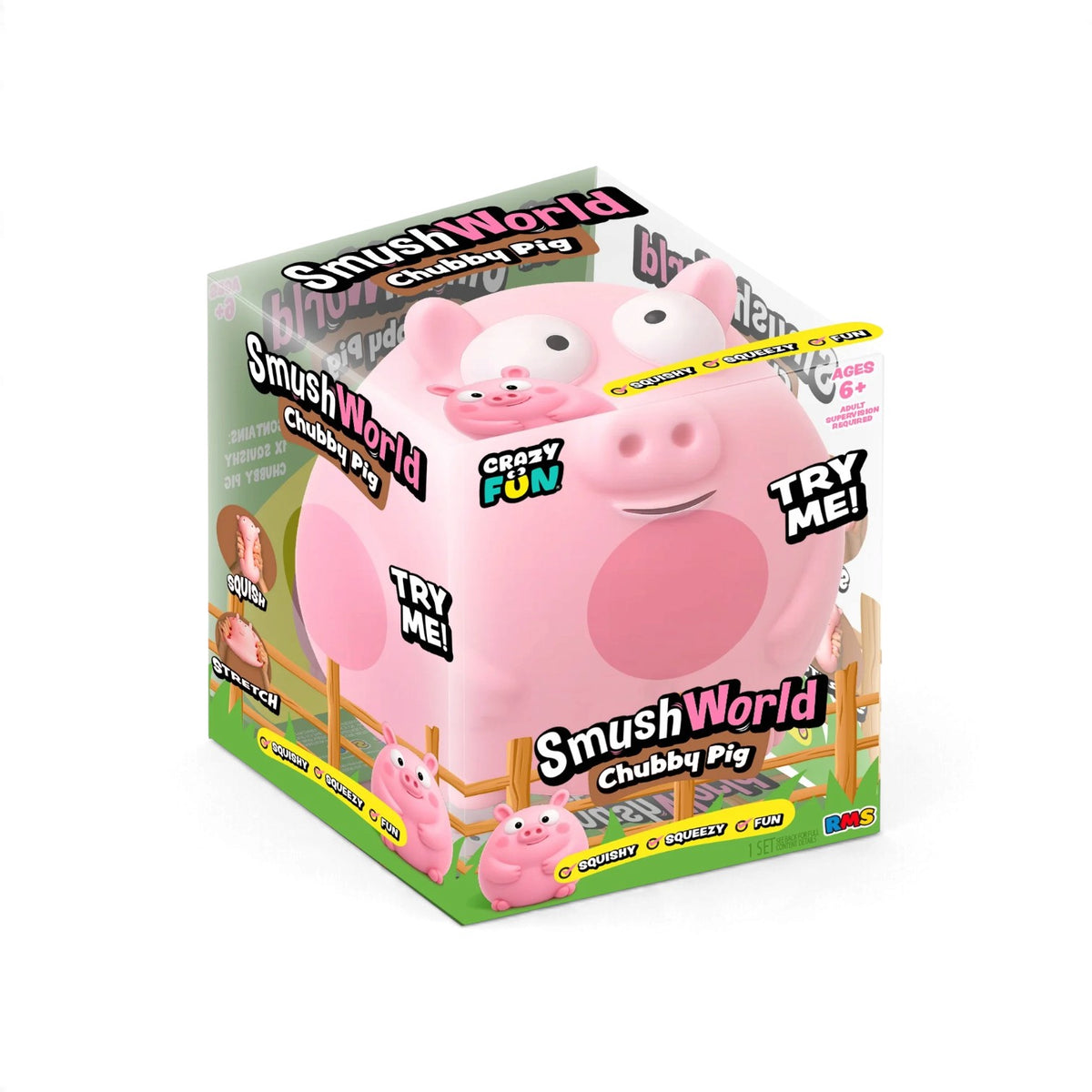 A jumbo authentic RMS Crazy Fun SmushWorld Chubby Pig squishy fidget toy packaged in a vibrant green, farm-themed display box.