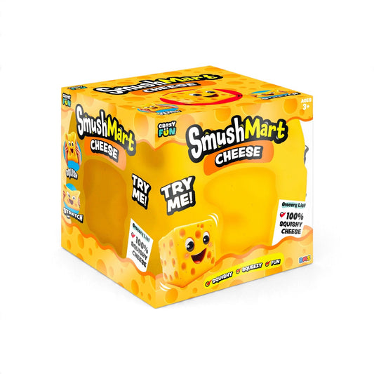 A SmushMart Cheese toy packaging box, featuring a bright yellow and orange design with cartoon cheese graphics and text like 'TRY ME!' and '100% SQUISHY CHEESE!'.