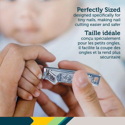 Person using a nail clipper on a child's nail with text about the product's features.