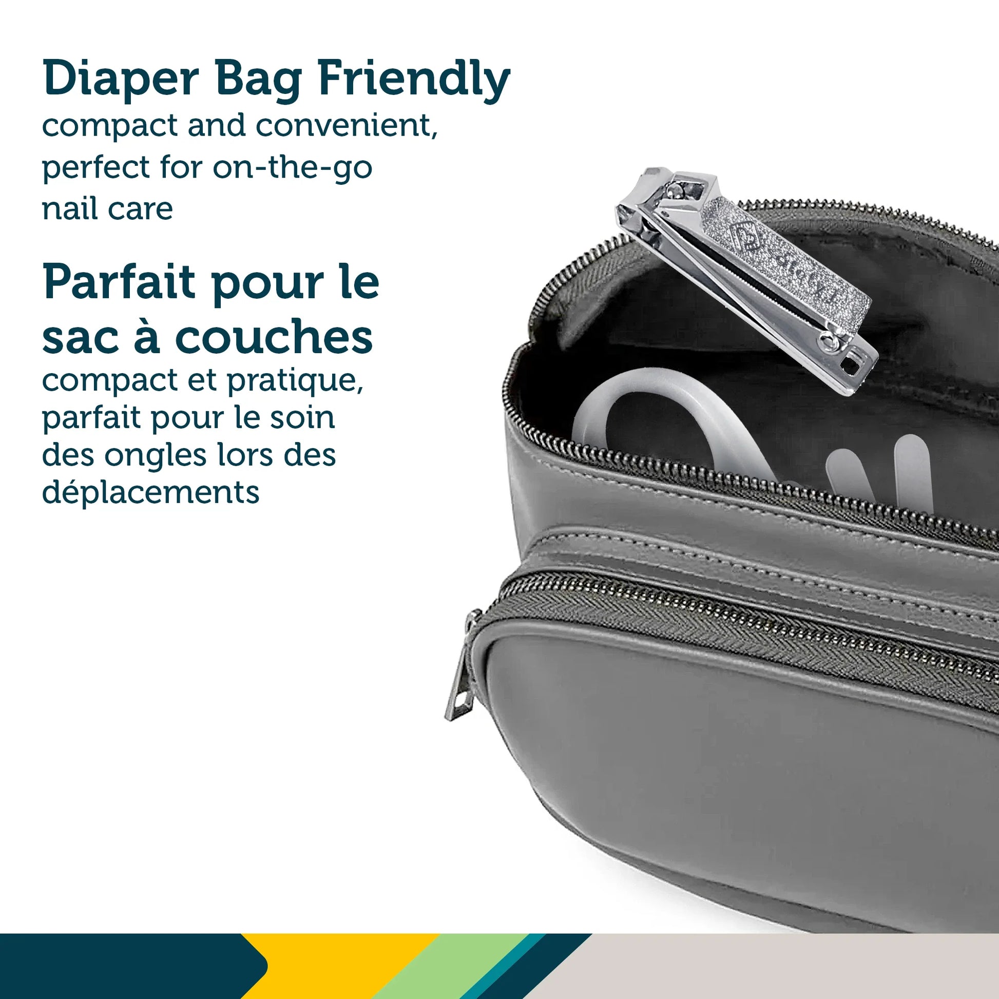 Gray toiletry bag with nail care items and text about being diaper bag friendly.
