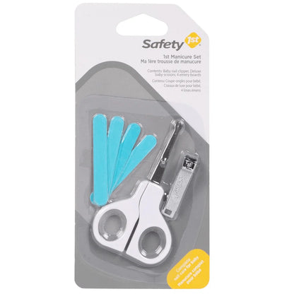 Safety 1st 1st Manicure Set featuring white baby safety scissors, nail clippers, and four turquoise emery boards in retail packaging.